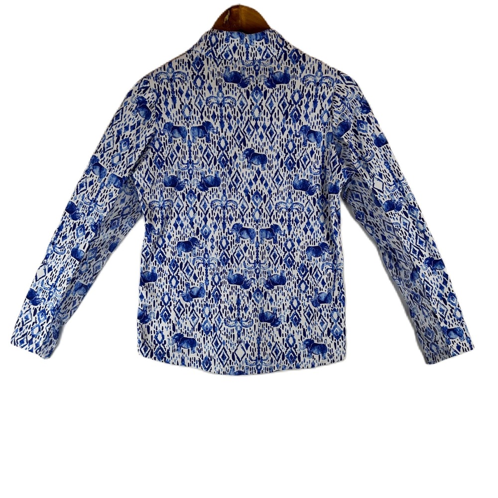 IBKUL Womens Blue White Elephant Ikat Quarter Zip Sun Shirt Mock Neck Small - Picture 2 of 10